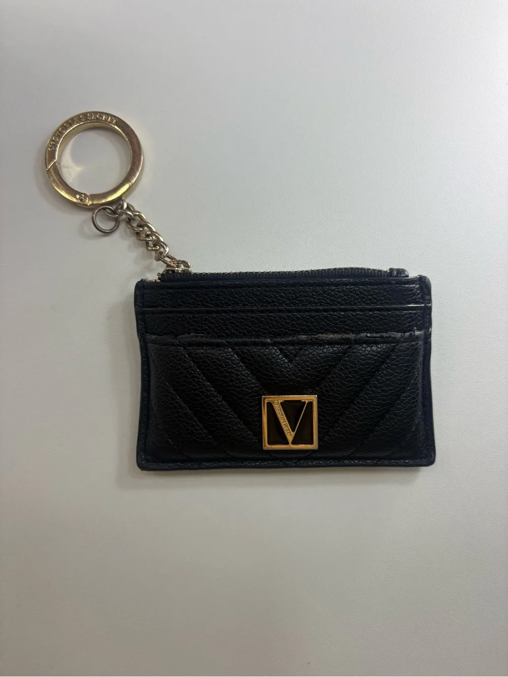 Victoria's Secret Black Quilted Cardholder Keyring with Gold V Accent